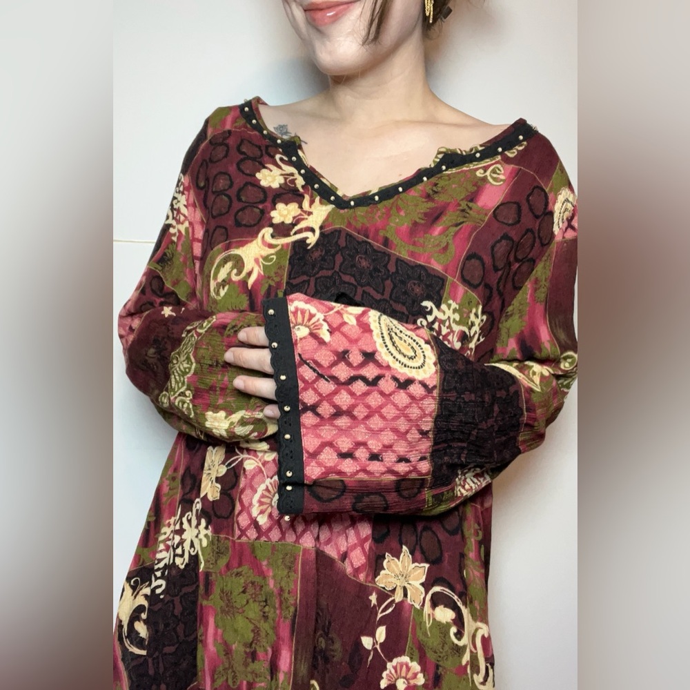 Notations Boho Patchwork Print Top w/ Beaded Trim… - image 2